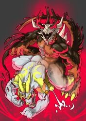 anthro ass balls big_balls big_penis claws cock comic cum demon dialogue dick dragon flexing furry fusion gay goo_creature homosexual horn laboratory male male/male male_only male_penetrating markings merging muscles muscular muscular_male penetration penis reptile scales semen shark_tail sharp_teeth skull slime stripes tail testicles trencalos vein veiny_penis white_body yellow_body
