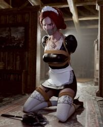 3d bondage captured captured_heroine cd_projekt_red female freckles gagged light-skinned_female maid_outfit maid_uniform mascara red_hair skvrwiel solo solo_female the_witcher_(series) the_witcher_3:_wild_hunt triss_merigold