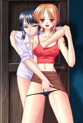 2girls black_hair black_panties blue_eyes breast_grab breasts female female_only hanaduka hanazuka_ryouji highres human long_hair multiple_females multiple_girls nami nico_robin one_piece orange_eyes orange_hair panties panty_pull pre-timeskip pubic_hair short_hair skirt_pull sleeves_rolled_up straight_hair underwear yuri