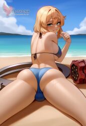 1boy 2d ai_generated ass bangs barefeet big_ass bikini blonde_hair bulge erection erection_under_clothes erophoenix feet full_body green_eyes looking_at_viewer looking_back male male_focus navel nude otoko_no_ko pale_skinned_male patreon_username penis sitting smile soles solo solo_male sweat swimsuit thick thick_thighs toes uncensored