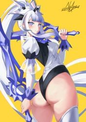 1girl artist_signature ass_focus breasts dated duel_monster female fully_clothed headdress large_ass leotard looking_back maliss_q_white_binder noagen ponytail silver_eyes sword white_hair yu-gi-oh!