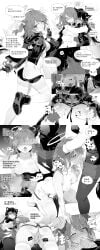 anus arknights ass censored doujinshi exusiai_(arknights) fellatio female french_kiss futanari hands-free handsfree_blowjob holding_head kataokasan leaking no_panties surprised texas_(arknights) translation_request