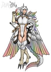 abs angel angel_wings armor armored_female bird dualwing feathers harpy harpy_girl harpy_humanoid impractical_armor monster monster_girl muscles muscular muscular_female muscular_thighs original original_character rainbow_feathers rainbow_hair sharp_teeth white_feathers white_hair wings