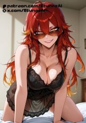 ai_generated etunazai female genshin_impact glasses long_hair mavuika_(genshin_impact) orange_eyes red_hair