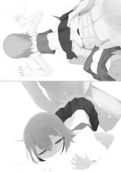 1boy 2girls abs ass bar_censor censored ceres_fauna ceres_fauna_(goth) clothed_female_nude_male clothed_sex commentary cum cum_in_pussy english_commentary ffm_threesome from_above group_sex hair_between_eyes hololive hololive_english monochrome multicolored_hair multiple_girls nanashi_mumei nanashi_mumei_(emo) nude official_alternate_costume official_alternate_hair_length official_alternate_hairstyle pillow pillow_grab pleated_skirt pussy recklessdraw sex sex_from_behind short_hair skirt straight streaked_hair tank_top threesome vaginal_penetration virtual_youtuber