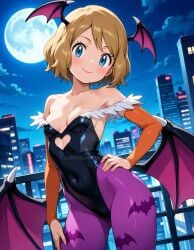 2025 4kids_entertainment ai_generated anime blue_eyes_female brown_eyebrows brown_hair_female capcom city_background cosplay darkstalkers deviantart elryusam female hand_on_hip hand_on_leg looking_at_viewer meta morrigan_aensland morrigan_aensland_(cosplay) nintendo not_porn orange_cheeks pokemon red_lipstick serena_(pokemon) smile_at_viewer smiling_at_viewer wings_on_back wings_on_head