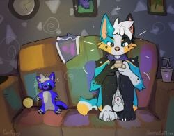 animal_genitalia balls canid canine controller cuteconfy furniture game_controller gaming genitals male mammal on_sofa playing_video_game plushie sheath sofa solo