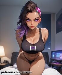 absurd_res ai_generated asymmetrical_hair black_hair blizzard_entertainment dark-skinned_female dark_skin female hi_res highres latina overwatch overwatch_2 ozziru patreon self_upload sombra uncensored undercut