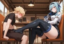 1boy 1girls aether_(genshin_impact) ai_generated ass backless_outfit big_smile blush bulge_under_clothes clothing domination eula_(genshin_impact) faceless_male feet feet_on_penis foot_focus footjob footjob_over_clothes footjob_with_legwear footjob_with_one_foot genshin_impact hoyoverse huge_ass medium_breasts restaurant shy_male side_view smirk table thick_thighs thighhighs