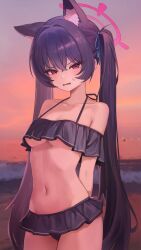absurdres animal_ear_fluff animal_ears arms_behind_back artist_request bare_shoulders bikini bikini_skirt black_bikini black_hair blue_archive blue_ribbon blush breasts cat_ears cat_girl commentary crossed_bangs female frilled_bikini frills hair_between_eyes hair_ribbon highres long_hair looking_at_viewer midriff navel oerba_yun_fang official_alternate_costume open_mouth red_eyes ribbon sakoronia serika_(blue_archive) serika_(swimsuit)_(blue_archive) sidelocks skin_fang solo stomach sweatdrop swimsuit twintails underboob