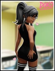 andavaverse classroom dark_skin doko_art ester_figueroa eye_contact eyeshadow glasses glowing_eyes heart kneehighs looking_at_viewer memz3d pinup seductive_look socks stockings