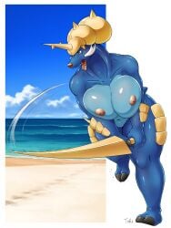 3:4 absurd_res anthro areola beach big_breasts blue_body breasts female fur generation_5_pokemon genitals hi_res mammal nintendo nipples nude outside pokemon pokemon_(species) pussy samurott sand seaside solo thick_thighs tofu3925 water