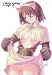 1girls acolyte acolyte_(ragnarok_online) animal_ear breasts brown_eyes brown_hair female female_only pubic_hair pussy ragnarok_online short_hair skirt skirt_lift solo taka_tony uncensored