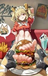 2girls anthro apron barefoot barelegs burger burnice_white fast_food fast_food_uniform feet feet_burger fingerless_gloves foot_fetish foot_focus fries leather_skirt milkshake ppangchil pulchra_fellini tagme thighstrap zenless_zone_zero