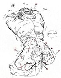 2boys after_sex ass ass_focus bent_over blood_drip bodily_fluids bondage cum cum_drip cum_dripping cum_dripping_from_ass cum_dripping_from_penis cum_in_ass disembodied_hand erection excessive_cum gay gay_sex heart_symbol helmet knife_play konig male mask masked_male no_underwear off_screen_character orgasm panting pants_down scar scars scars_all_over scratches shirt_lift soysauce0u0 sweat sweatdrop sweaty text text_bubble thin_waist traditional_art traditional_media_(artwork) wounded wounds