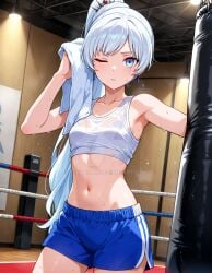 2025 ai_generated belly blue_eyes_female blue_shorts crunchyroll deviantart elryusam hair_jewelry holding_towel jewel_on_hair looking_at_viewer meta not_porn pink_cheeks rwby teeth_visible training_bra training_pants training_room tummy tv_set tv_show weiss_schnee white_bra white_eyebrows white_ponytail white_towel winking_at_viewer