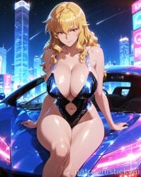 1girls ai_generated blonde_hair breasts car gina_(solo_leveling) large_breasts solo_leveling voluptuous voluptuous_female yellow_eyes