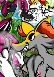 anal anthro anthro_on_feral anus ass ball_fondling balls blush bodily_fluids braixen breasts butt_focus butt_grab butt_sniffing canid canine colored duo female feral fondling generation_5_pokemon generation_6_pokemon genitals hand_on_butt hi_res huebtantio male male/female mammal nintendo nipples nude oral pokemon pokemon_(species) rimming scolipede sex simple_background smile sniffing