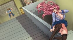 1boy 2girls animal_ears blush breasts brown_hair bunny_(hentai_heroes) cat_ears cg cleavage covered_nipples cum female female_pubic_hair hentai_heroes hero_(hentai_heroes) kinkoid large_breasts long_hair multiple_girls no_bra no_panties official_art open_mouth parody penis pink_hair pubic_hair pussy pussy_juice school_uniform shirt shoes skirt smile socks stairs straight thighhighs uncensored