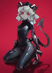 demon demon_girl demon_horns demon_tail fully_clothed helltaker latex_suit noah_(tettsui-sole) noaharbre pandemonica_(helltaker) red_eyes tagme white_hair