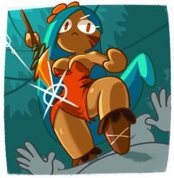 1girls angry angry_face big_breasts blue_hair breasts brown_body brown_skin brown_skinned_female cookie_run cookie_run_kingdom cookie_run_ovenbreak female flower flower_in_hair imminent_death lance large_hair looking_at_viewer minus8 pointing_at_viewer shirt spear tiger_lily_cookie