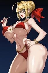 ahoge ai_generated bikini blonde_hair bracelet breasts cleavage covered_nipples earrings female fingernails glasses green_eyes hair_bun hair_intakes hair_ribbon jewelry large_breasts makeup nail_polish navel nero_claudius_(fate) nero_claudius_(fate)_(all) red_bikini red_nails ribbon smile solo swimsuit thighs underboob