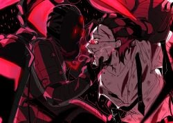 blood_on_face bloodfiend blush blush_lines glasses gold_eyes gregor_(limbus_company) limbus_company male male_focus not_ai_generated open_clothes open_mouth open_shirt panting project_moon sensual wound wounded