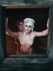 3d armpits breasts cd_projekt_red ciri female flower_crown freckles green_eyes hip_grab light-skinned_female light-skinned_male looking_at_viewer male mascara nipples penetration scar sex the_witcher_(series) the_witcher_3:_wild_hunt vaginal_penetration white_hair witcherres