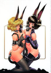 2girls anal animal_ear arm_cuffs between_breasts black_legwear black_thighhighs blonde_hair blush bob_cut bondage breast_press breasts bunnygirl bunnysuit butt_plug_tail buttplug buttplug_tail collar cuffs duo female femsub gloves gunsmith_cats highres human kajiyama_hiroshi light-skinned_female light_skin minnie_may_hopkins multiple_girls multiple_subs navel open_clothes open_shirt rally_vincent short_hair symmetrical_docking tail tentacle_between_breasts thighhighs yuri