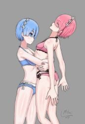 artist_request bearhug bikini catfight defeat defeated defeated_heroine drooling fainted ram_(re:zero) re:zero_kara_hajimeru_isekai_seikatsu rem_(re:zero) sfw short_hair sisters tagme wrestling