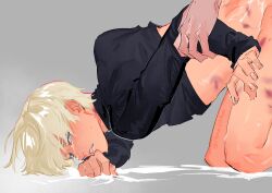 2boys anal arm_held_back arm_support bed_sheet black_shirt blonde_hair blue_eyes blush bruise bruise_on_arm bruise_on_neck commentary crying crying_with_eyes_open doggy_style english_commentary grabbing_another's_arm grabbing_from_behind grey_background gundam gundam_gquuuuuux highres injury kneeling long_sleeves looking_back male male_focus mixed-language_commentary multiple_boys nomaumona out-of-frame_censoring parted_lips sex sex_from_behind sheet_grab shirouzu_(gundam) shirt short_hair simple_background solo_focus sweat tears turtleneck yaoi