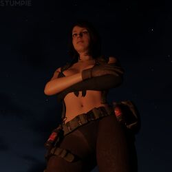 3d brown_hair brown_hair_female campfire medium_ass metal_gear_solid night night_sky ponytail ponytail_female posing quiet_(metal_gear) romantic romantic_ambiance romantic_night stefanie_joosten stumpie