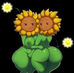 2girls ass big_ass breasts flora_fauna green_skin nipples oddrich plant plant_girl plants_vs_zombies pussy sunflower_(pvz) thick_thighs thighs twin_sunflower_(pvz) wide_hips