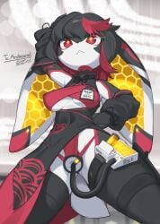 2025 absurd_res aix_(andreariel) anthro anthro_penetrated armwear biped black_hair breasts clothed clothed_anthro clothed_female clothing digital_media_(artwork) female female_penetrated front_view hair hi_res lagomorph legwear leporid mammal object_in_pussy penetration pussy rabbit red_eyes solo standing thigh_highs topwear zinfyu