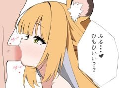 1boy absurdres animal_ear_fluff animal_ears blonde_hair blush censored colored_inner_hair fellatio female from_side green_eyes grey_hair hair_intakes heart highres ju_fufu long_hair mikotyuso mosaic_censoring multicolored_hair nude oral penis simple_background speech_bubble straight tiger_ears tiger_girl white_background zenless_zone_zero