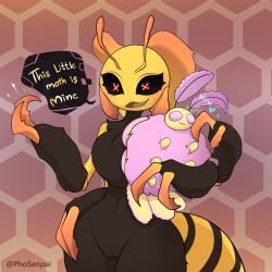 1:1 4_arms 6_legs absurd_res antennae_(anatomy) anthro arthropod arthropod_abdomen bee bee_girl biped black_body black_fur black_sclera breasts carrying_another carrying_partner claws dialogue duo female feral fluffy fluffy_antennae fluffy_breasts fur genitals heart_symbol hi_res huge_hips hymenopteran insect_wings insects lepidopteran male mandibles moth multi_arm multi_limb navel neck_tuft non-mammal_breasts non-mammal_navel non-mammal_pussy nude nude_female pattern_background phosenpai pink_body pink_eyes pink_fur pinkmoth_(pinkmoth) pussy red_eyes rosy_maple_moth simple_background small_waist speech_bubble thick_thighs tuft wasp wasp_waist wide_hips wings yellow_body