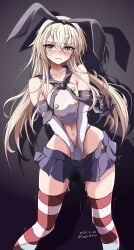 2025 absurdres anchor_hair_ornament animal_ears aroused artist_name bare_shoulders black_hairband black_neckerchief black_panties black_ribbon blonde_hair blue_eyes blue_sailor_collar blue_skirt blush breasts buttons clothes_pull commentary_request covering_crotch covering_privates cropped_shirt double-breasted elbow_gloves embarrassed female gloves hair_between_eyes hair_ornament hair_ribbon hairband highleg highleg_panties highres hip_focus kantai_collection leaning_to_the_side legs_apart long_hair looking_at_viewer medium_breasts microskirt midriff navel neckerchief panties panty_pull pleated_skirt pussy_juice pussy_juice_drip_through_clothes pussy_juice_trail rabbit_ears ribbon sailor_collar school_uniform serafuku shimakaze_(kantai_collection) shirt skin_tight skindentation skirt skirt_pull sleeveless sleeveless_shirt solo standing striped_clothes striped_thighhighs thighhighs toms underwear v_arms very_long_hair wavy_mouth wet wet_clothes wet_skirt white_shirt