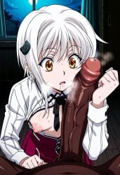 ai_generated akaz123 drooling forearm_cock high_school_dxd horny_female koneko_toujou looking_at_penis penis_awe school_uniform small_breasts steaming_body sweating