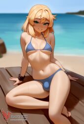 1boy 2d ai_generated ass bangs barefeet big_ass bikini blonde_hair bulge erection erection_under_clothes erophoenix feet full_body green_eyes looking_at_viewer looking_back male male_focus navel nude otoko_no_ko pale_skinned_male patreon_username penis sitting smile soles solo solo_male sweat swimsuit thick thick_thighs toes uncensored