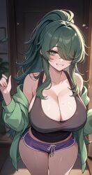 ai_generated large_breasts neet original pixai ponytail short_shorts sweatshirt tank_top valkris9