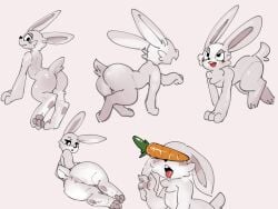 4:3 anthro anus ass black_eyes black_nose carrot fan_character female food fur hi_res lagomorph leporid light_blush mammal netchy_boo open_mouth plant rabbit rabbit_ears scut_tail short_tail simple_background simple_eyes solo tail vegetable white_background white_body white_fur x_anus