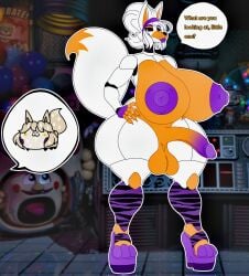 ambiguous_gender animatronic anthro balls big_balls big_penis black_sclera canid canine clothing dialogue duo english_text fallencito fan_character five_nights_at_freddy's five_nights_at_freddy's_world flaccid footwear fox fur genitals gynomorph hair hi_res high_heels intersex larger_intersex lipstick lol_(fallencito) lolbit_(fnaf) machine makeup male_(lore) mammal montgomery_glands multicolored_body nipples offscreen_character orange_body penis purple_clothing purple_footwear purple_high_heels purple_lipstick purple_nipples robot robot_anthro scottgames shoes sister_location size_difference text two_tone_body white_body white_eyes white_fur white_hair