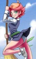 1girls amanda_o'neill ass broom clothed female female_only green_eyes john_joseco little_witch_academia looking_at_viewer orange_hair panties pink_hair tomboy two_tone_hair upskirt witch
