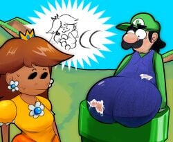 ass cartoony clothed hairy_ass luigi mario_(series) nintendo princess_daisy scared scared_expression stuck stuck_in_object stuck_in_pipe super_mario_bros. thought_bubble