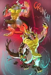 anthro ass balls big_balls big_penis claws cock comic cum demon dialogue dick dragon flexing furry fusion gay goo_creature homosexual horn laboratory male male/male male_only male_penetrating markings merging muscles muscular muscular_male penetration penis reptile scales semen shark_tail sharp_teeth skull slime stripes tail testicles trencalos vein veiny_penis white_body yellow_body