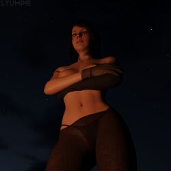 1girls 3d brown_hair brown_hair_female campfire female hi_res medium_ass metal_gear_solid night night_sky ponytail ponytail_female posing quiet_(metal_gear) romantic romantic_ambiance romantic_night see-through see-through_clothing solo stefanie_joosten stumpie topless
