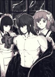 abs bare_chest facial_hair gold_eyes gregor_(limbus_company) ishmael_(limbus_company) limbus_company long_hair maid maid_outfit maid_uniform mechanical_arm no_sex not_ai_generated project_moon ryoshu_(limbus_company) sweat