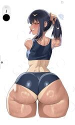 ass back bare_shoulders black_hair blush female from_behind highres huge_ass ijiranaide_nagatoro-san long_hair looking_at_viewer looking_back nagatoro_hayase narrow_waist orange_eyes pankekes simple_background smile solo sports_bra sweat tan tanline thick_thighs thighs tying_hair undersized_clothes white_background wide_hips workout_clothes