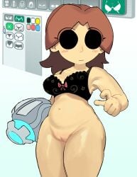 1girls arm_cannon attribute_slider bangs bare_arms bare_shoulders big_breasts black_bra black_clothes black_eyes black_panties black_thighhighs black_underwear blush bottomless bow bow_bra bow_panties bra breasts brown_hair character_creator cleavage cleft_of_venus closed_mouth clothing disembodied_hand female female_only frilled_bra garter_belt garter_straps groin helmet holding holding_helmet lace lace-trimmed_bra lace-trimmed_legwear lace-trimmed_panties lace_trim large_breasts legs_together legwear lilmoonie lingerie long_hair looking_at_viewer medium_breasts medium_hair mii mii_gunner mii_gunner_(smash_4) navel nintendo no_panties parted_bangs pink_bow pointing pussy shaved_pussy short_hair smile solo standing stockings stomach super_smash_bros. thick thick_thighs thighhighs thighs underwear underwear_only vagina