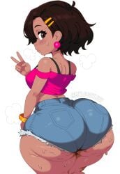 1girl arrow_funk asking_for_it ass_bigger_than_body ass_bigger_than_breasts ass_bigger_than_head ass_bigger_than_torso ass_focus barbara_(arrow_funk) big_ass blunt_bangs booty_shorts bottom_heavy bottomless bottomless_female bracelet brown_eyes brown_hair cellulite commission crop_top dark-skinned_female dark_skin earrings golden_bracelet hair_clips hair_ornament jean_shorts large_ass medium_breasts mylooseylucy pink_crop_top pink_earrings short_hair shorts shortstack soft_lips solo steam steaming steaming_body steamy_ass straps straps_off_shoulders sweat sweating sweaty sweaty_body sweaty_butt tight_clothes tight_clothing tight_fit tight_shorts wedgie